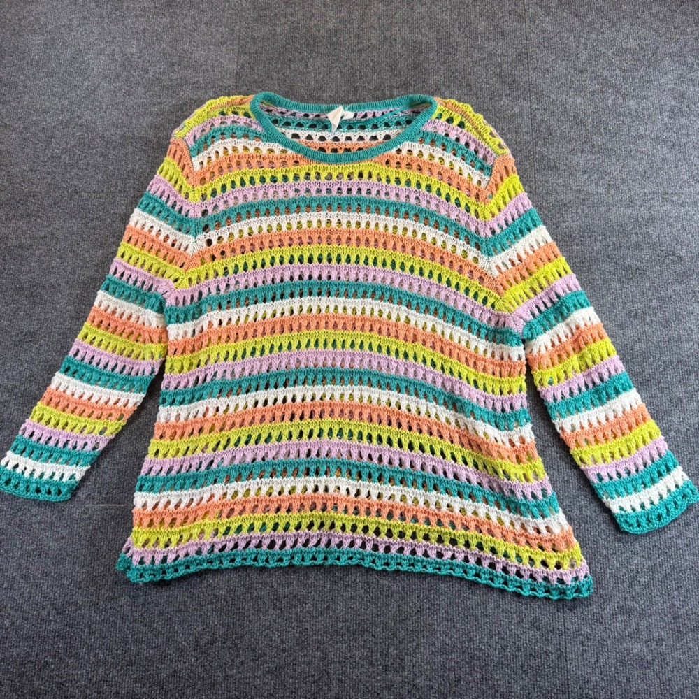 Crochet Knit Striped Sweater Multi Color 2x Boho Swim Coverup Beach Resort